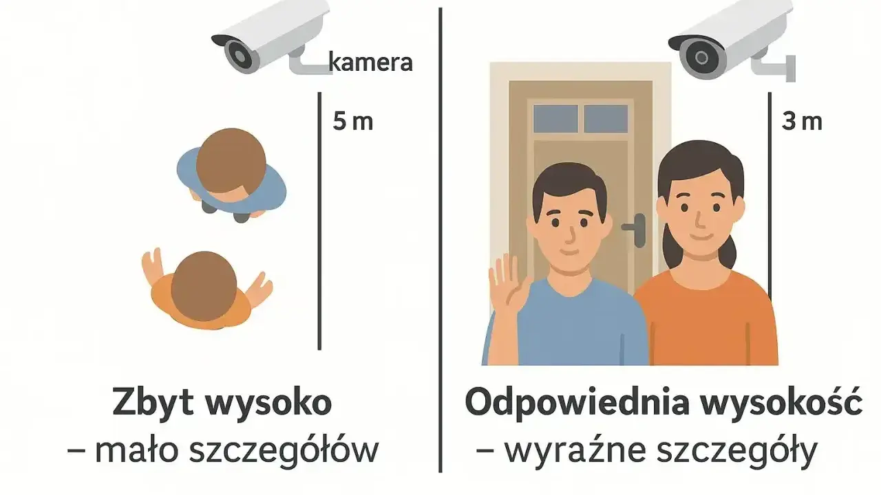 Instrukcja jak uruchomić kamerę wifi: montaż na wysokości 3m zapewnia wyraźne szczegóły, 5m to zbyt wysoko, mało szczegółów.
