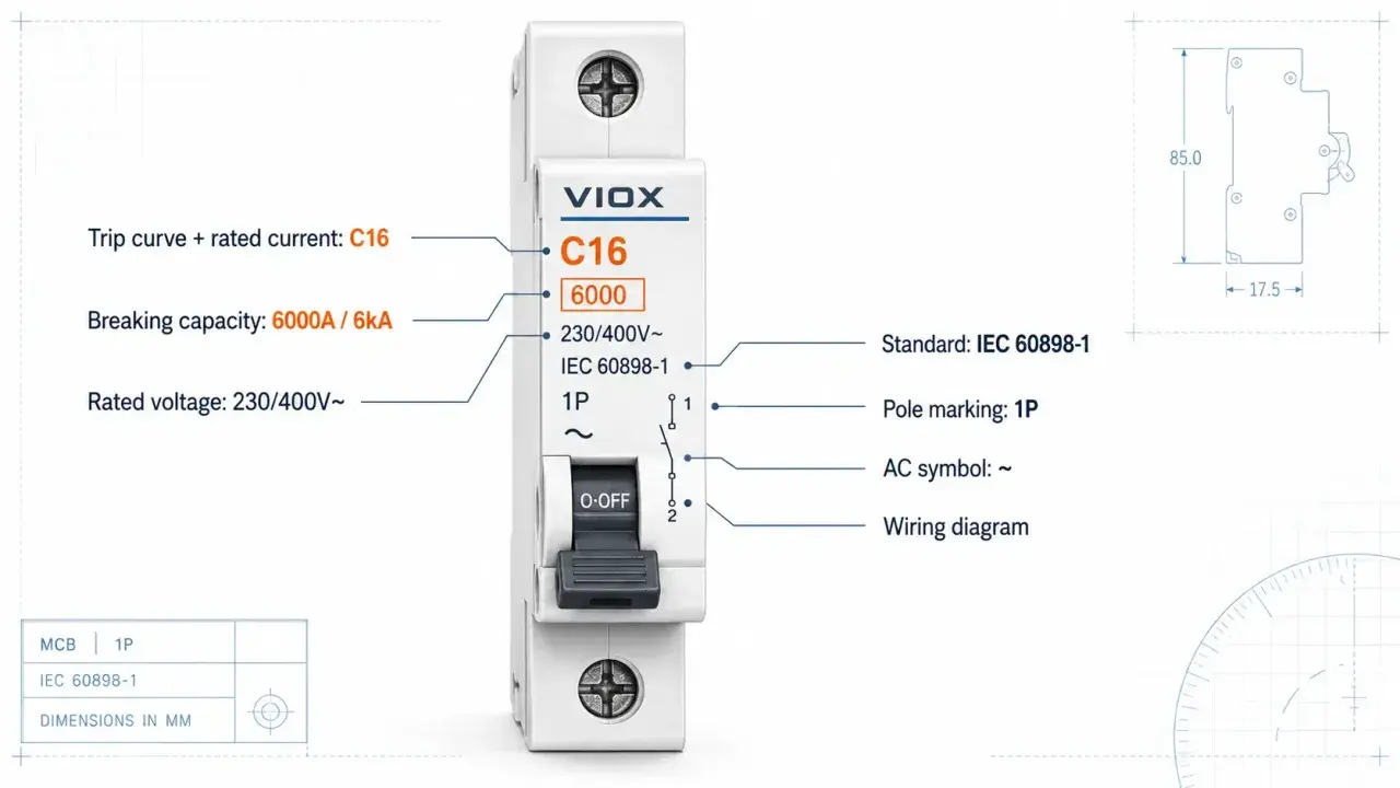 Wyłącznik nadprądowy VIOX C16 z symbolem prądu zmiennego (~), oznaczony jako 1P, zgodny z normą IEC 60898-1.