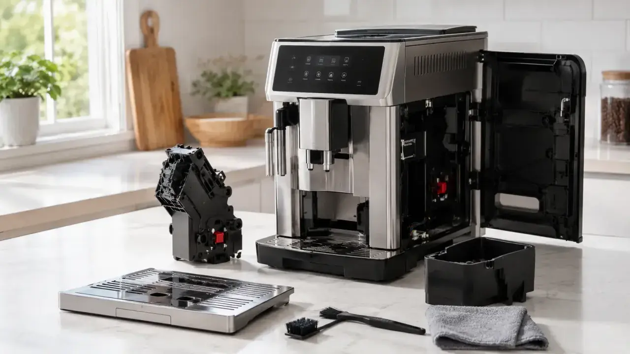 Ekspres DeLonghi z wyjętym modułem zaparzającym i tacką, gotowy do odkamieniania. Obok akcesoria do czyszczenia.