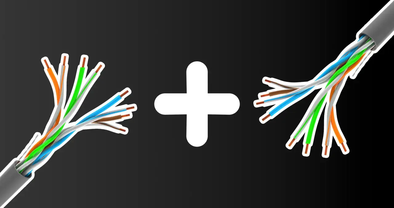 Dwa przecięte kable internetowe połączone białym znakiem plus. Jak połączyć przecięty kabel internetowy?