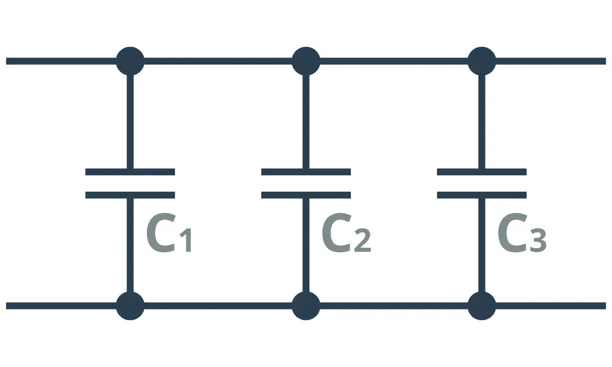 Schemat połączenie równoległe trzech kondensatorów C1, C2, C3.