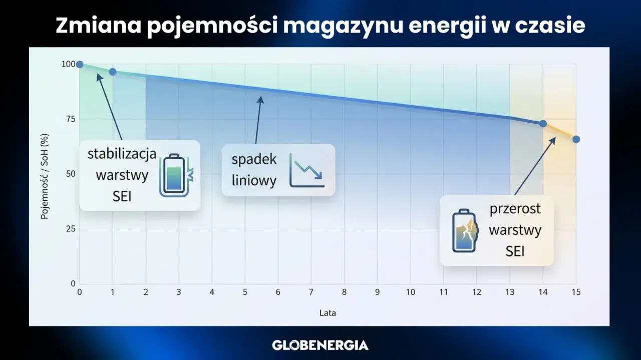 Wykres pokazuje żywotność magazynu energii: stabilizacja warstwy SEI, spadek liniowy, a potem przerost warstwy SEI.