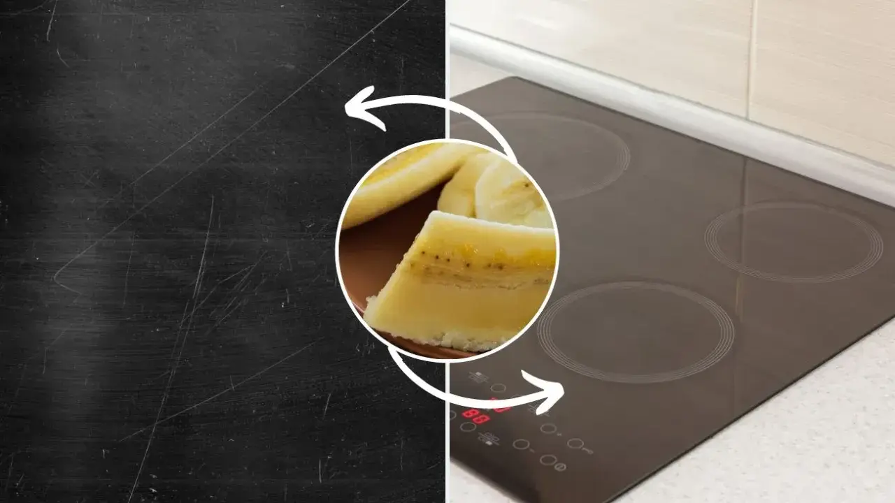 Porysowana płyta indukcyjna przed i po zastosowaniu banana.