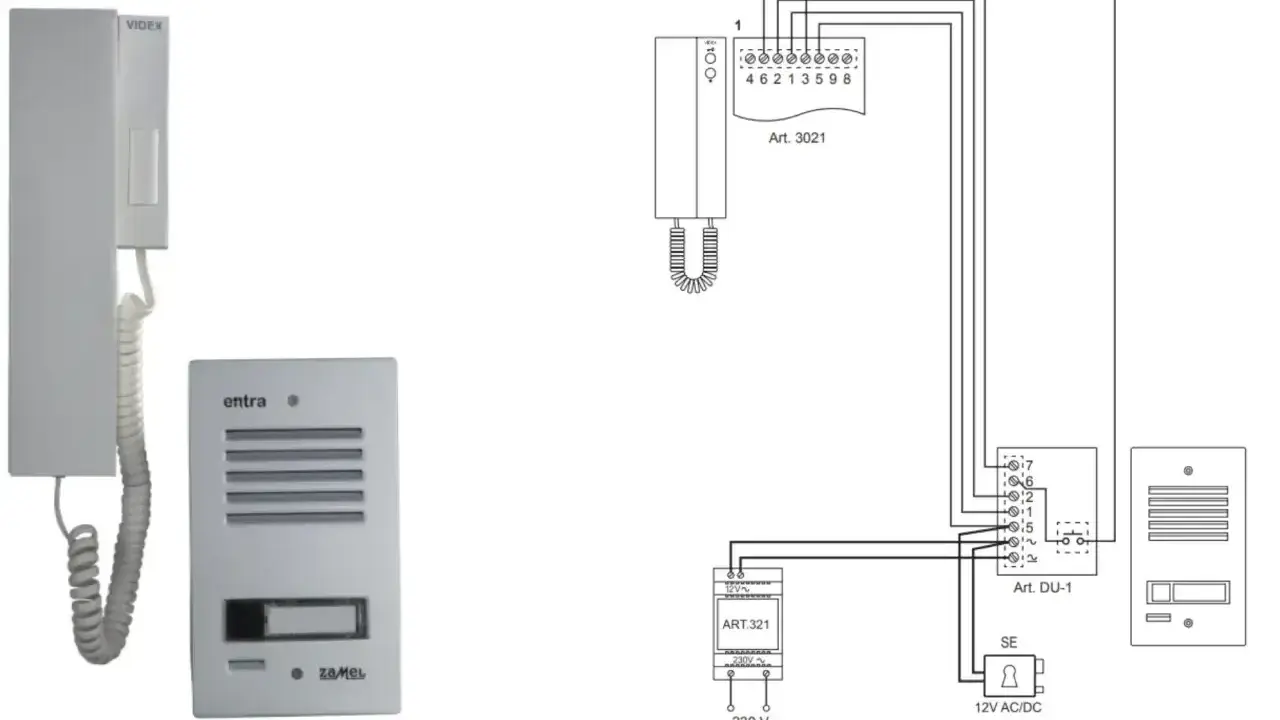 Schemat instalacji domofonowej z elektrozaczepem. Podpowiada, jaki kabel do elektrozaczepu wybrać, pokazując połączenia między unifonem, panelem zewnętrznym i zasilaczem.