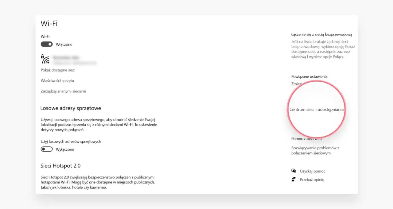 Ustawienia Wi-Fi: włączone, dostępne sieci, centrum sieci i udostępniania. Zarządzaj połączeniami ip wifi.