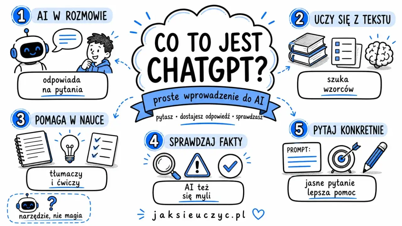 Co to jest czat gpt? Proste wprowadzenie do AI: rozmawia, uczy się, pomaga w nauce, sprawdza fakty i wymaga konkretnych pytań.