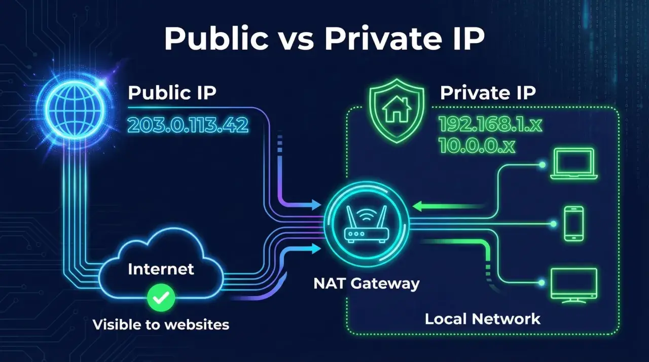 Ilustracja pokazuje, jak sprawdzić IP internetu: publiczne IP (203.0.113.42) jest widoczne w sieci, a prywatne IP (np. 192.168.1.x) jest w sieci lokalnej.