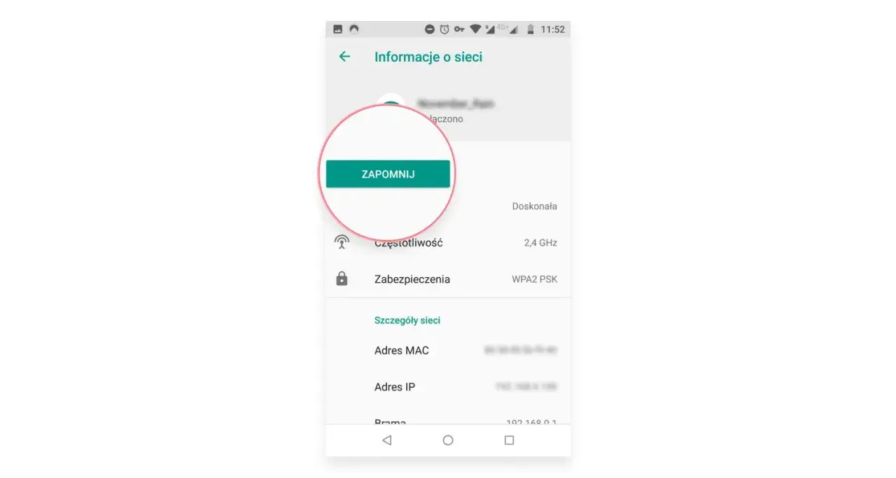Ekran telefonu z informacjami o sieci Wi-Fi. Przycisk "ZAPOMNIJ" jest podświetlony. Może to pomóc rozwiązać problem z bladym pobieraniem adresu IP.