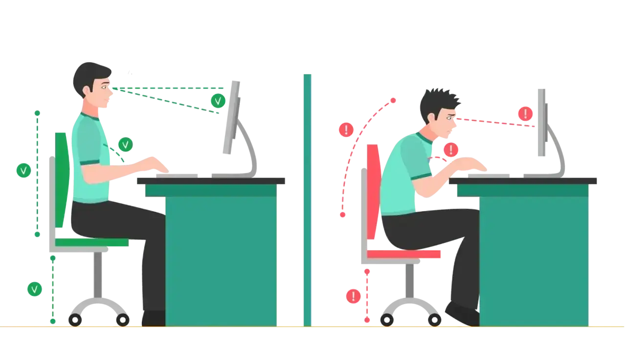 Prawidłowa i nieprawidłowa ergonomia pracy przy komputerze. Po lewej - postawa idealna, po prawej - błędy postawy.