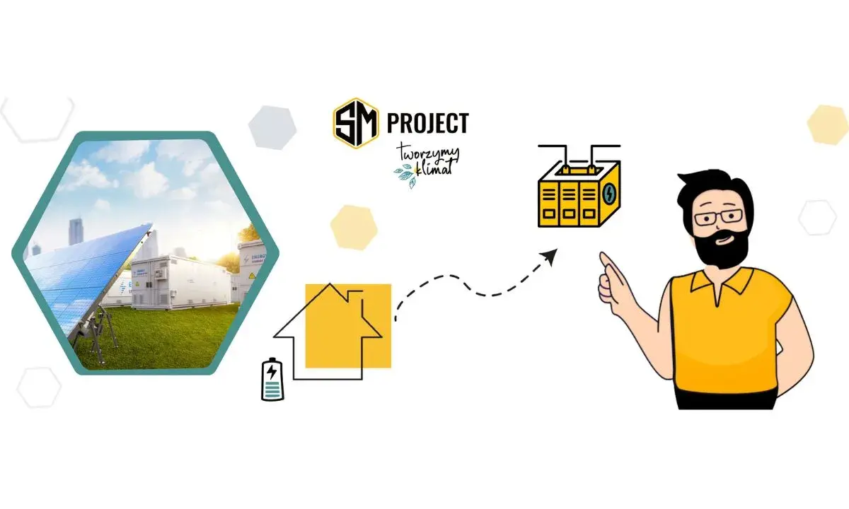 SM Project: podłączenie fotowoltaiki do domu, zasilanie z paneli słonecznych i magazynu energii. Mężczyzna wskazuje na schemat.