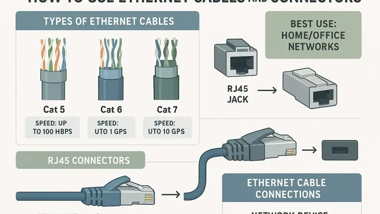 Ilustracja wyjaśnia, rj45 co to jest: złącze do kabli Ethernet Cat 5, 6, 7, używane w sieciach domowych i biurowych.