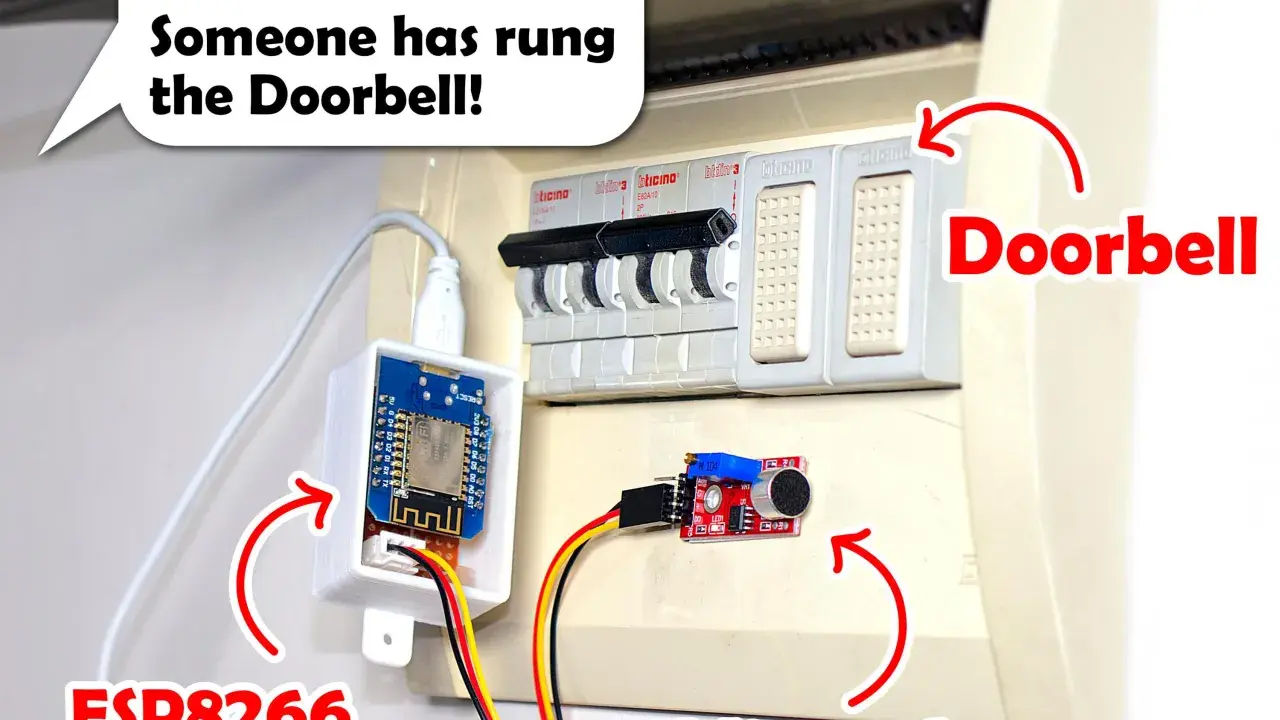 Jak podłączyć dzwonek: moduł ESP8266 i mikrofon przy skrzynce z bezpiecznikami.