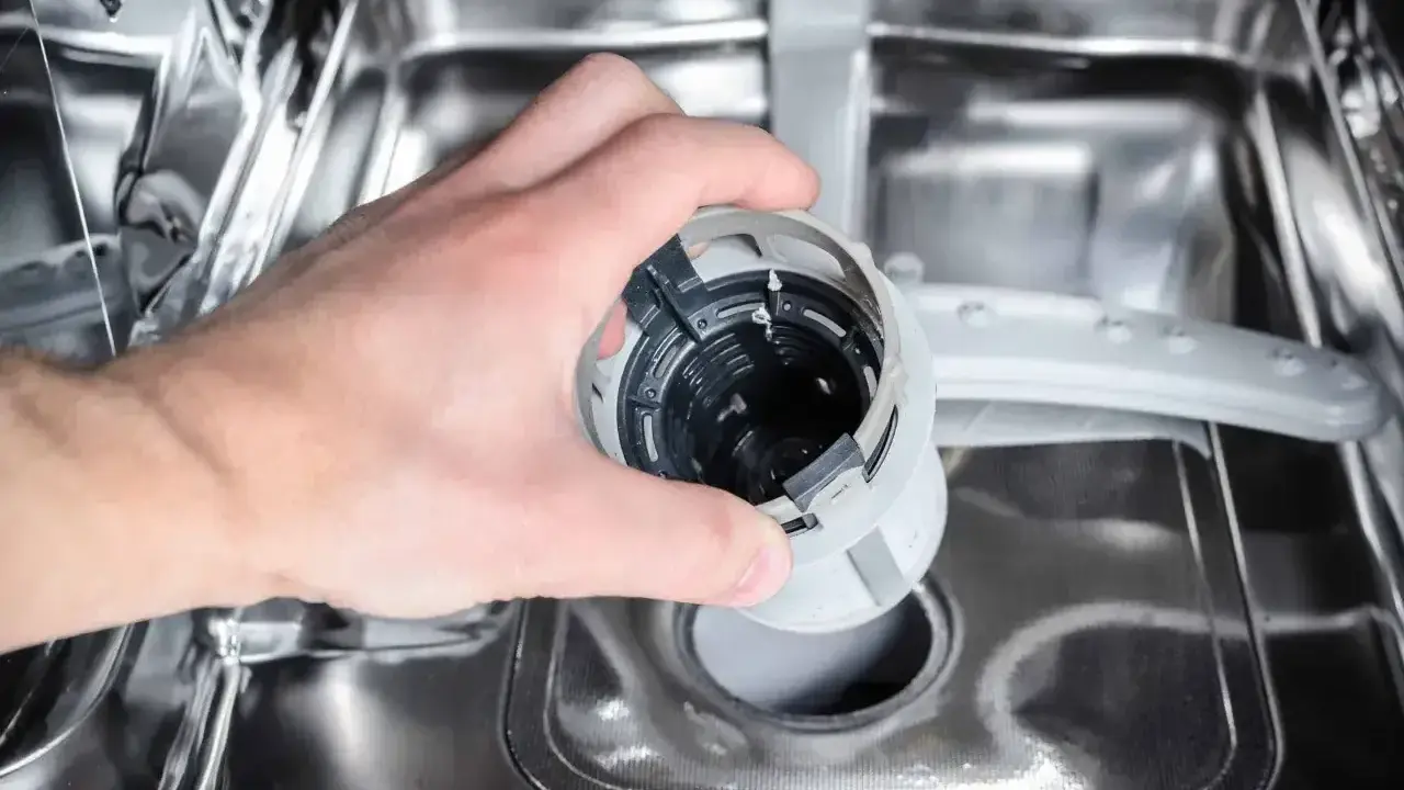 Ręka wyjmuje filtr zmywarki. Może to być przyczyną, że zmywarka nie domywa naczyń.