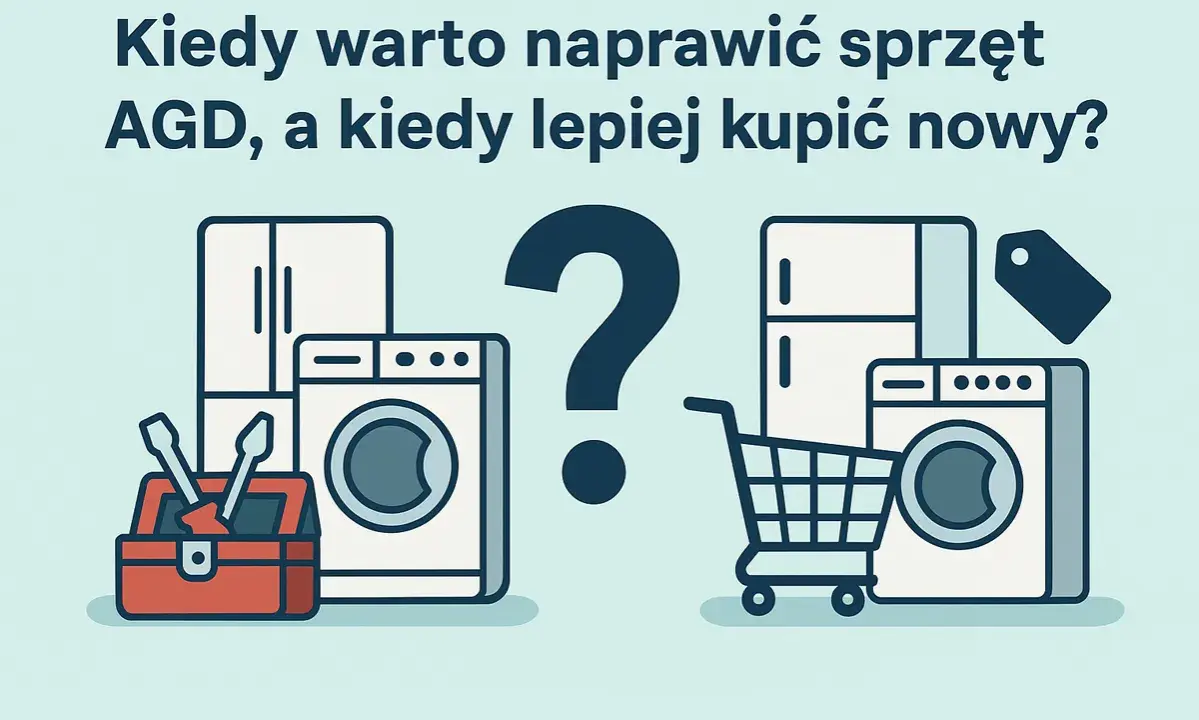 Kiedy warto naprawić sprzęt AGD, a kiedy lepiej kupić nowy? Ilustracja przedstawia lodówkę i pralkę obok skrzynki z narzędziami oraz wózka sklepowego.