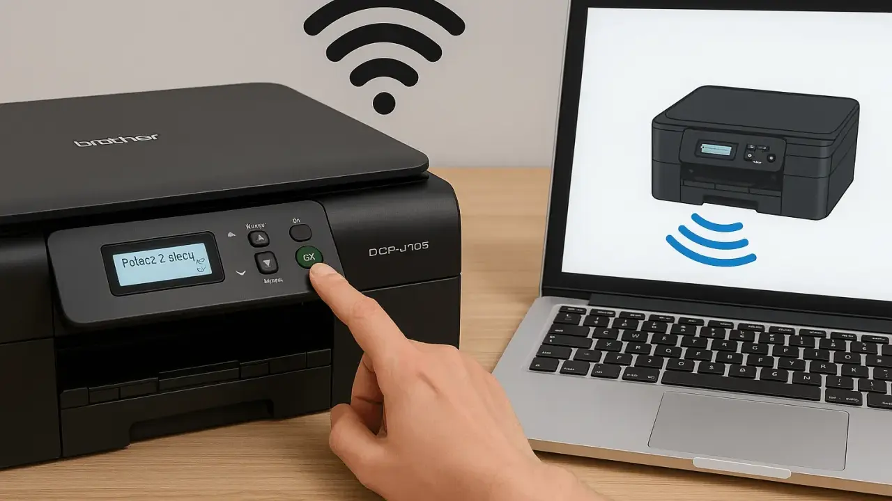Ręka naciska przycisk "GX" na drukarce Brother, pokazując, jak podłączyć drukarkę do wifi. Na ekranie laptopa widoczny jest schemat połączenia.