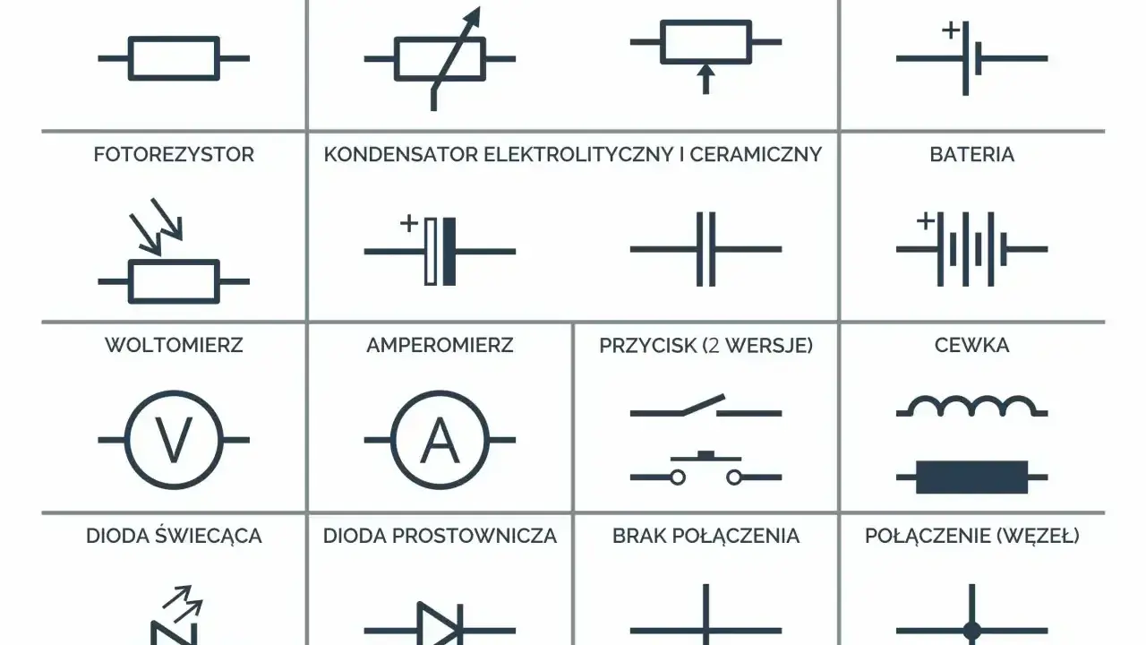 Zbiór podstawowych symbole automatyka: rezystor, potencjometr, ogniwo, fotorezystor, kondensator, bateria, woltomierz, amperomierz, przycisk, cewka, dioda świecąca, dioda prostownicza, brak połączenia, połączenie.