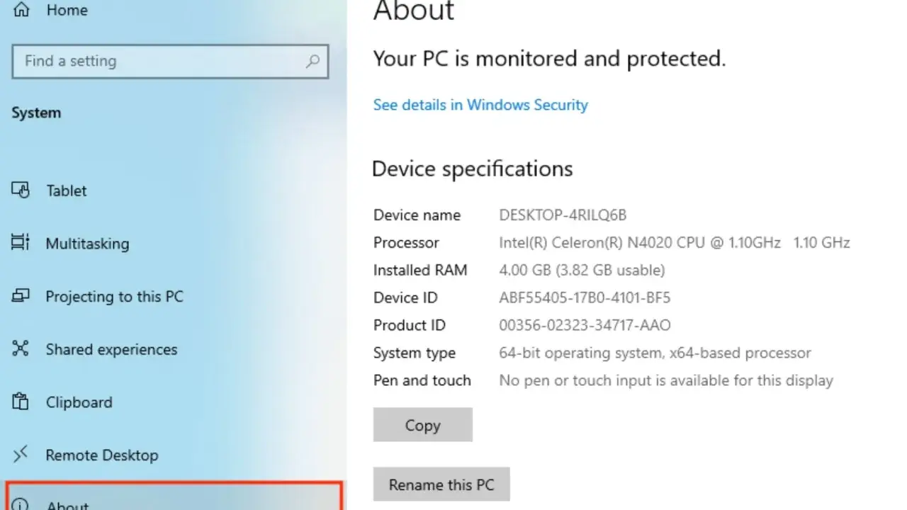 Jak sprawdzić parametry laptopa: ekran "About" w Ustawieniach Windows, pokazuje specyfikacje urządzenia, procesor, RAM i system.