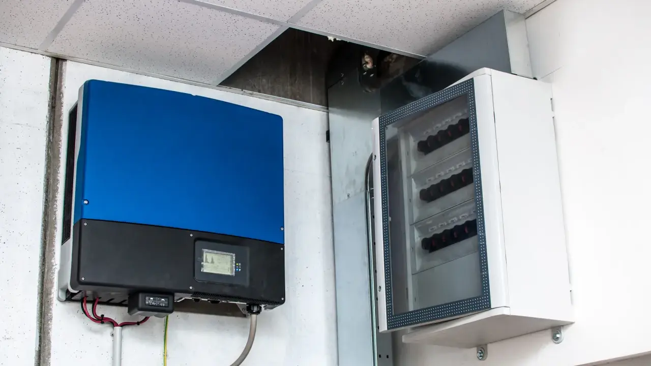 Montaż falownika i skrzynki z bezpiecznikami na ścianie. Instalacja elektryczna gotowa do pracy.