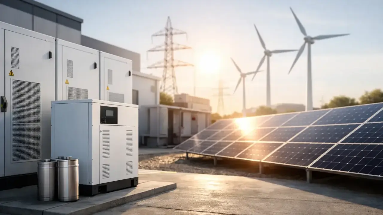 Nowoczesny magazyn energii fotowoltaika z panelami słonecznymi, turbinami wiatrowymi i bateriami.