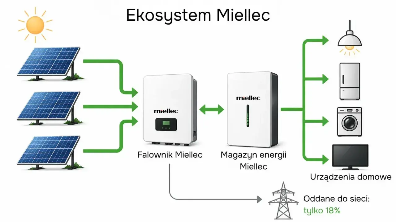 Schemat pokazuje, jak panele fotowoltaiczne zasilają falownik i magazyn energii, zapewniając autokonsumpcję fotowoltaika dla urządzeń domowych.