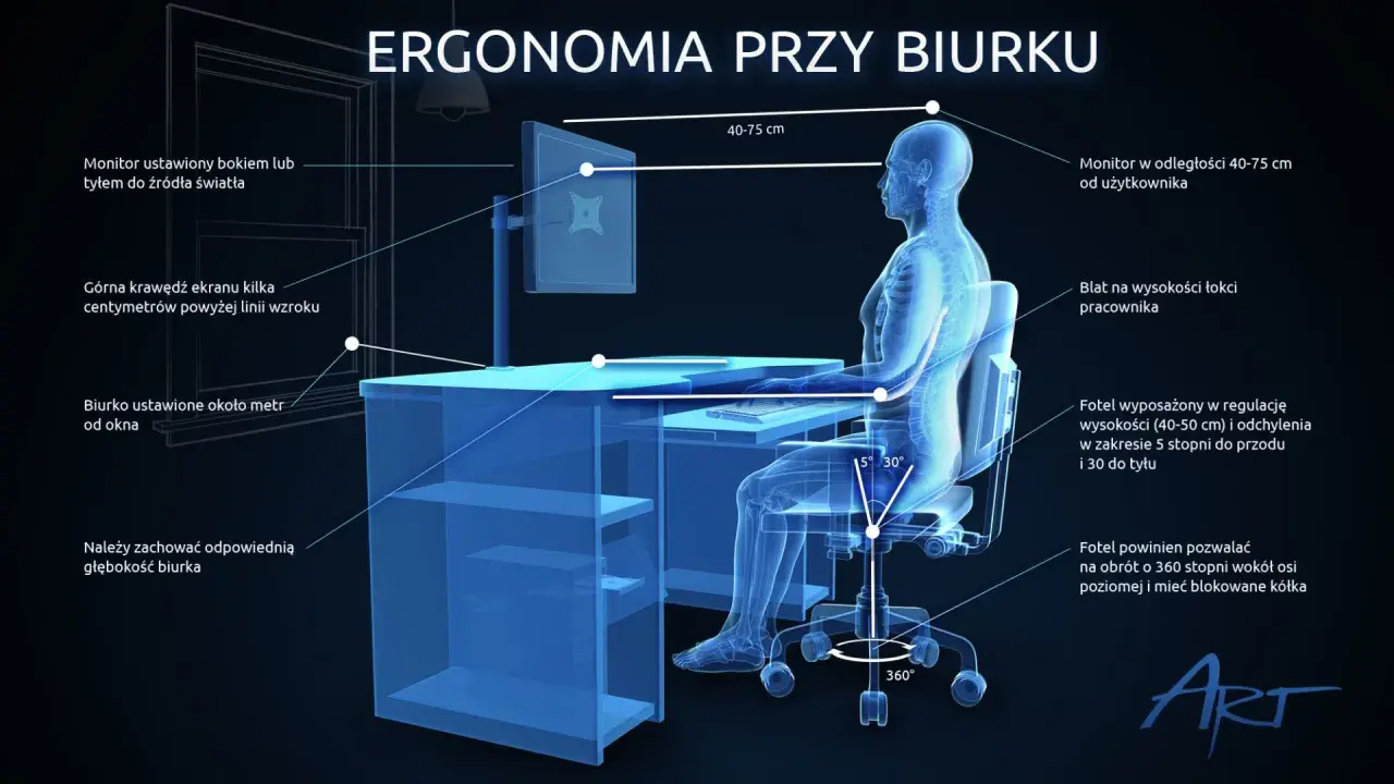 Ilustracja pokazuje, jak ustawić monitor i biurko dla ergonomii pracy. Monitor powinien być na wysokości oczu, w odległości 40-75 cm.