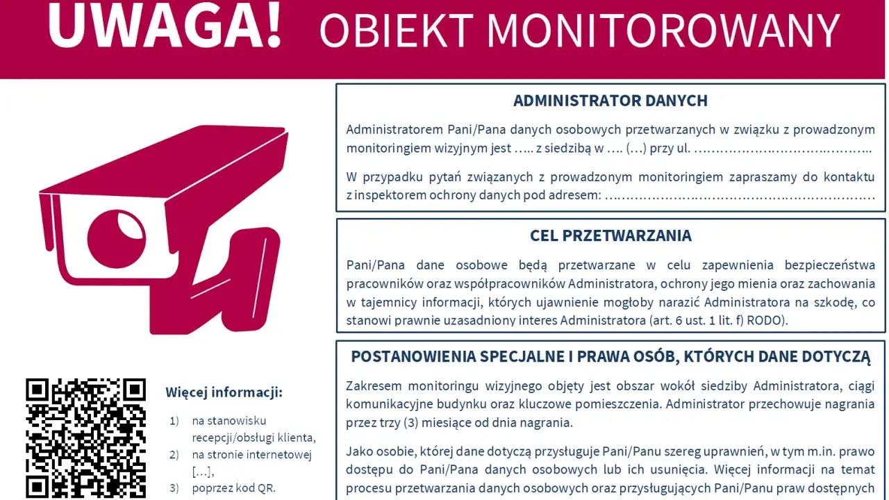 Tablica informacyjna o monitoringu wizyjnym w wspólnocie mieszkaniowej. Przepisy dotyczące ochrony danych. Kamera i kod QR.