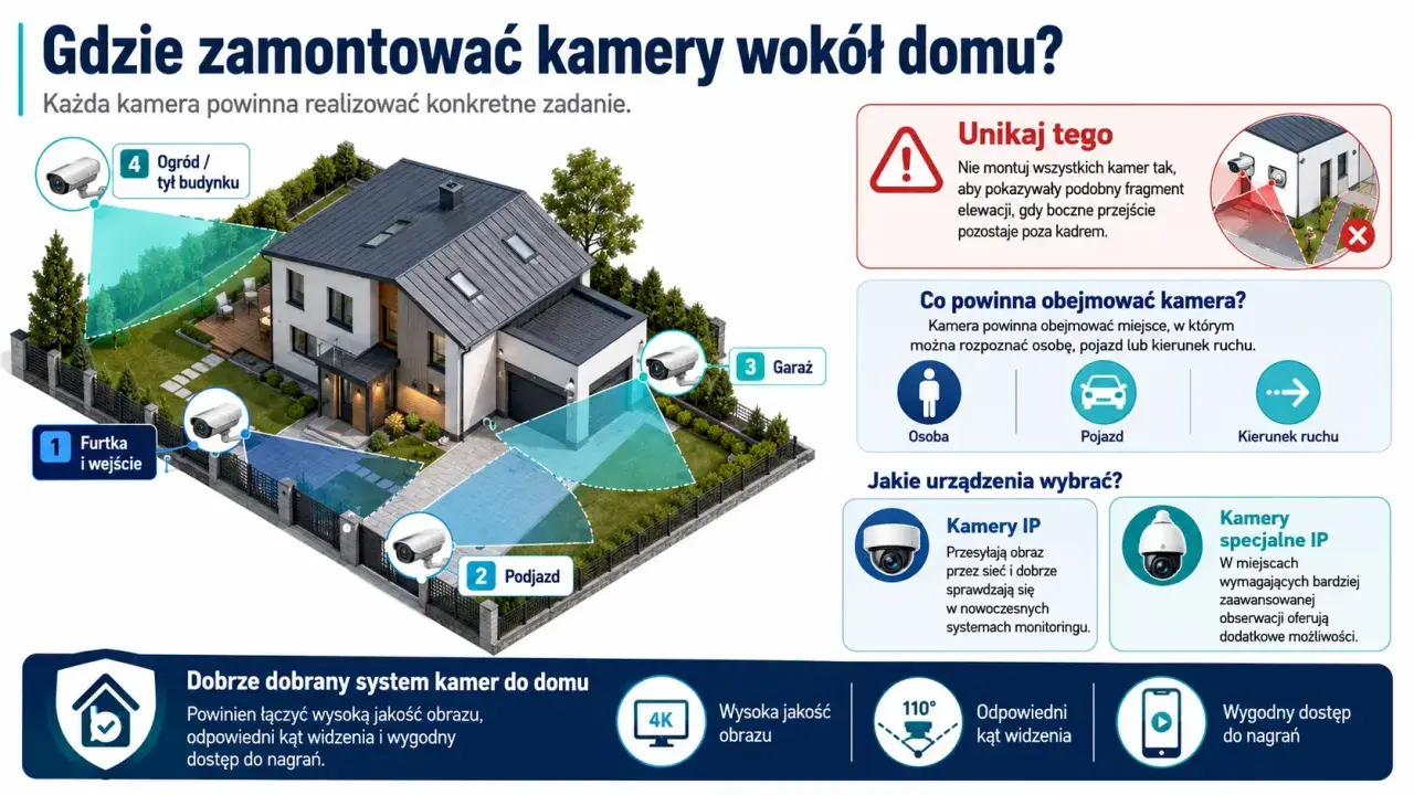 Ilustracja pokazuje, gdzie umieścić rejestrator monitoringu wokół domu: przy furtce, podjeździe, garażu i w ogrodzie.
