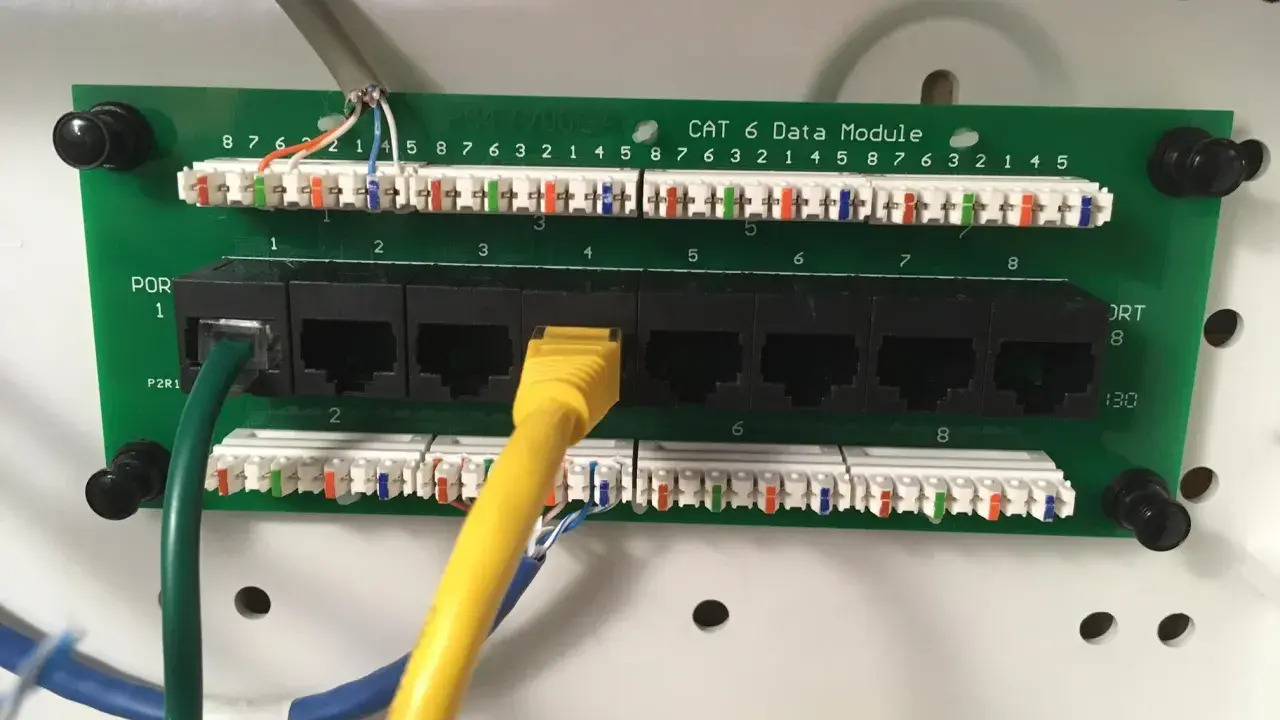 Panel sieciowy CAT 6 z ośmioma portami RJ45. Widoczne kable sieciowe i złącza.