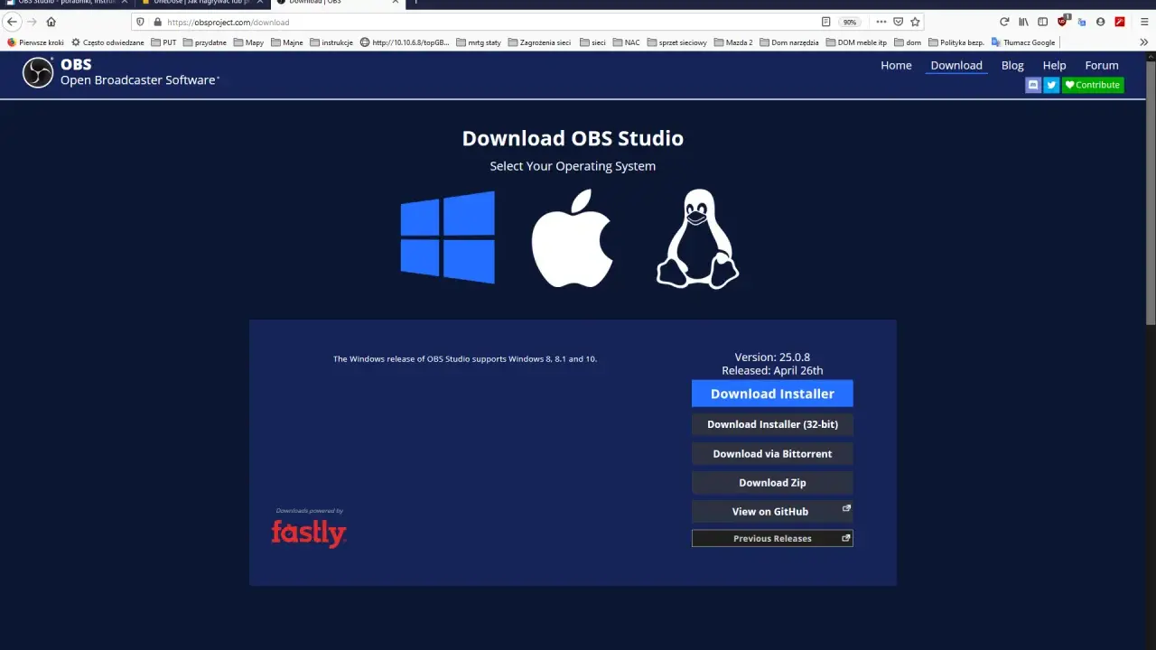 Strona pobierania OBS Studio, gdzie znajdziesz instrukcje, jak nagrywać ekran na komputerze. Wybierz system operacyjny.