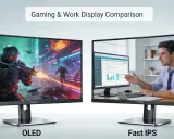 Porównanie wyświetlaczy: po lewej dynamiczna gra akcji na ekranie OLED, po prawej praca biurowa na monitorze z matrycą IPS.