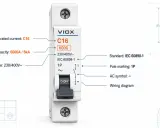 Wyłącznik nadprądowy VIOX C16 z symbolem prądu zmiennego (~), oznaczony jako 1P, zgodny z normą IEC 60898-1.