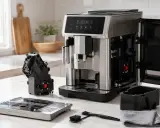 Ekspres DeLonghi z wyjętym modułem zaparzającym i tacką, gotowy do odkamieniania. Obok akcesoria do czyszczenia.