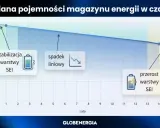 Wykres pokazuje żywotność magazynu energii: stabilizacja warstwy SEI, spadek liniowy, a potem przerost warstwy SEI.