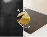 Porysowana płyta indukcyjna przed i po zastosowaniu banana.