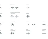 Schematyczne symbole elementów elektrycznych: rezystor, potencjometr, ogniwo, fotorezystor, kondensator, bateria, woltomierz, amperomierz, przycisk, cewka, dioda świecąca, dioda prostownicza, brak połączenia, połączenie (węzeł).
