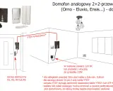 Schemat domofonu analogowego 2+2-przewodowego. Pokazuje instalację domofonu z unifonem, panelem zewnętrznym i zaczepem elektrycznym.