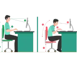 Prawidłowa i nieprawidłowa ergonomia pracy przy komputerze. Po lewej - postawa idealna, po prawej - błędy postawy.