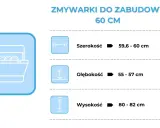 Wymiary zmywarki do zabudowy 60 cm: szerokość 59,6-60 cm, głębokość 55-57 cm, a wysokość 80-82 cm.