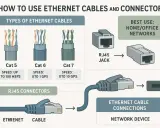 Ilustracja wyjaśnia, rj45 co to jest: złącze do kabli Ethernet Cat 5, 6, 7, używane w sieciach domowych i biurowych.