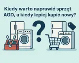 Kiedy warto naprawić sprzęt AGD, a kiedy lepiej kupić nowy? Ilustracja przedstawia lodówkę i pralkę obok skrzynki z narzędziami oraz wózka sklepowego.