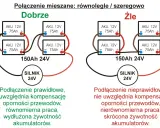 Schemat pokazuje prawidłowe i nieprawidłowe podłączenie akumulatorów szeregowo, zapewniające równomierną pracę i dłuższą żywotność.