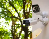 Dwa białe kamery monitoringu na ścianie, za nimi zielone liście drzew. Monitoring na działce ROD przepisy.