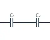 Schemat obwodu elektrycznego: kondensator C1 i kondensator C2 połączone szeregowo.