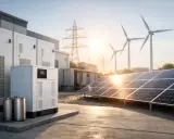 Nowoczesny magazyn energii fotowoltaika z panelami słonecznymi, turbinami wiatrowymi i bateriami.