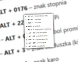 Lista skrótów klawiszowych do wprowadzania znaków specjalnych na klawiaturze, np. serduszka, karo, paragrafu.