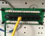 Panel sieciowy CAT 6 z ośmioma portami RJ45. Widoczne kable sieciowe i złącza.
