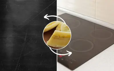 Porysowana płyta indukcyjna przed i po zastosowaniu banana.