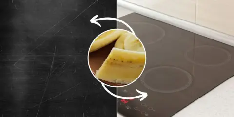 Porysowana płyta indukcyjna przed i po zastosowaniu banana.