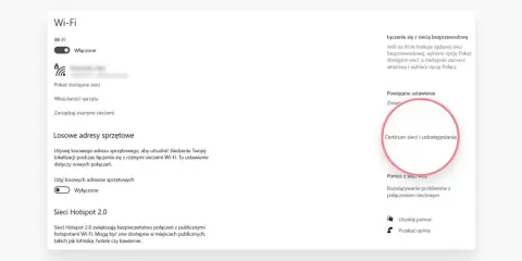 Ustawienia Wi-Fi: włączone, dostępne sieci, centrum sieci i udostępniania. Zarządzaj połączeniami ip wifi.