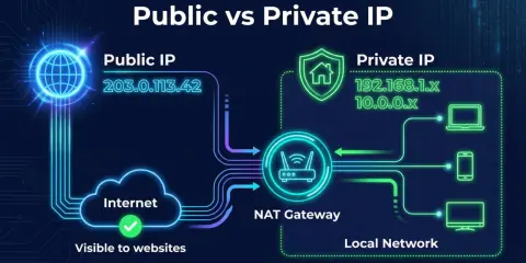 Ilustracja pokazuje, jak sprawdzić IP internetu: publiczne IP (203.0.113.42) jest widoczne w sieci, a prywatne IP (np. 192.168.1.x) jest w sieci lokalnej.